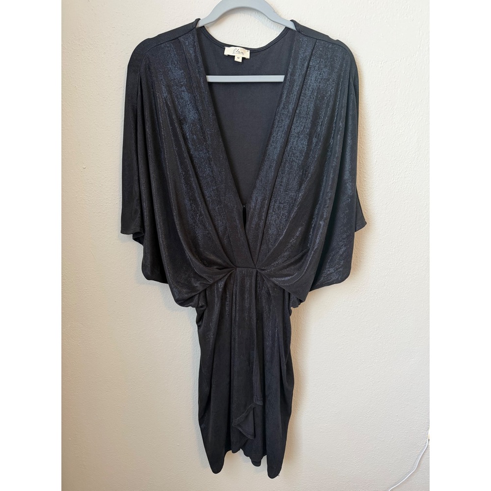 Elan Black Metallic Deep V-Neck Dolman Sleeve Draped Mini Dress Medium